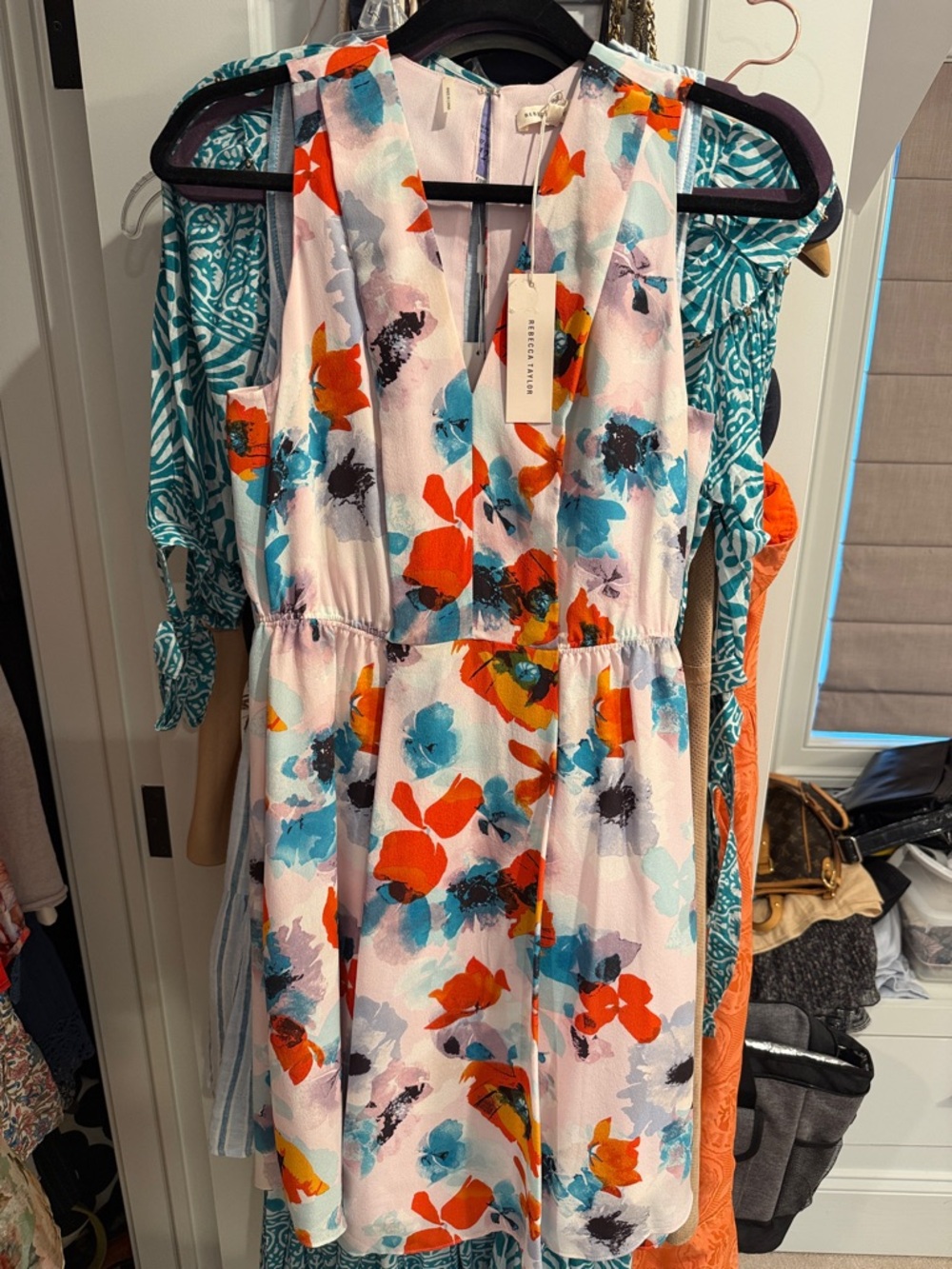 Rebecca Taylor White Floral Midi Dress with Orange & Teal Accents